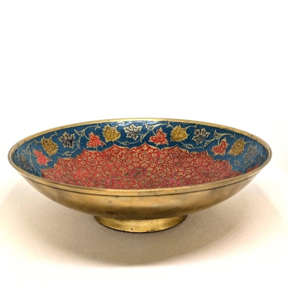 Bohemian Decorative Brass Bowl Floral Red & Turquoise Blue Enamel Vintage 6.5inc